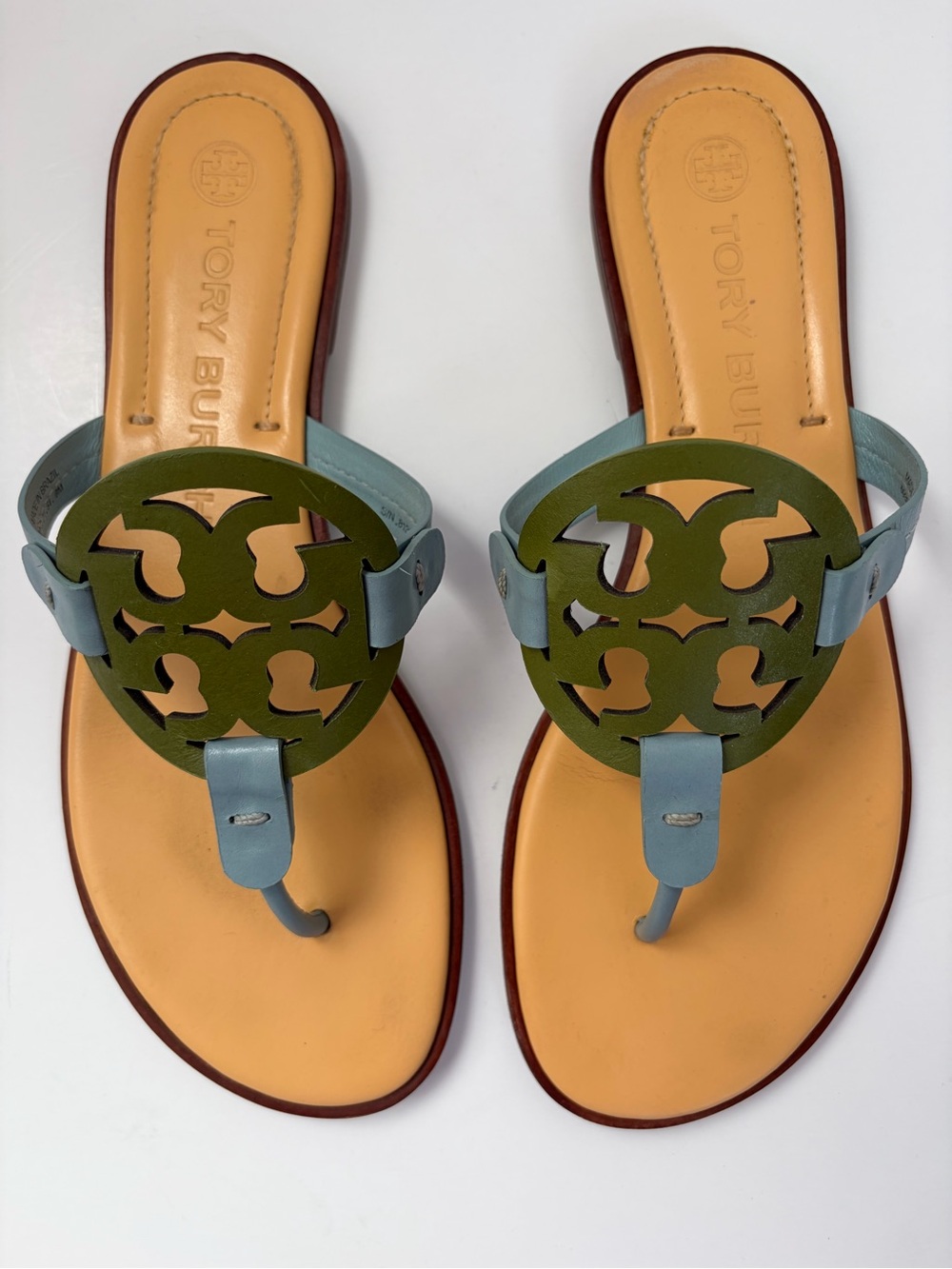 Tory Burch Miller Sandals Double T Logo Leather Green Tan Northern Blue Size 9M - Picture 4 of 16